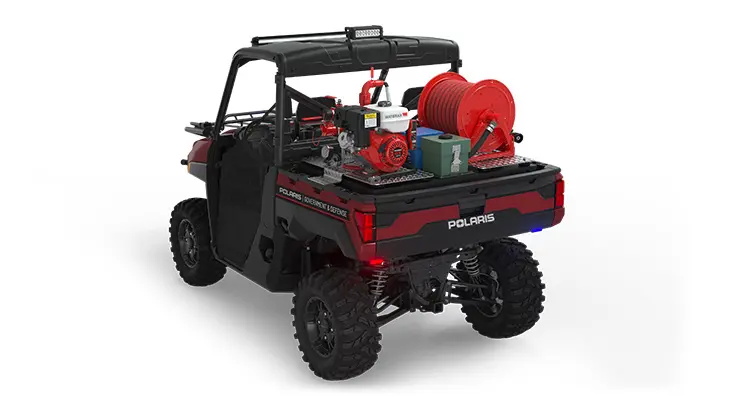 Rear side view of the cargo box with firefighting kit on a polaris ranger xp 1000 eps utv with the basic firefighting package installed