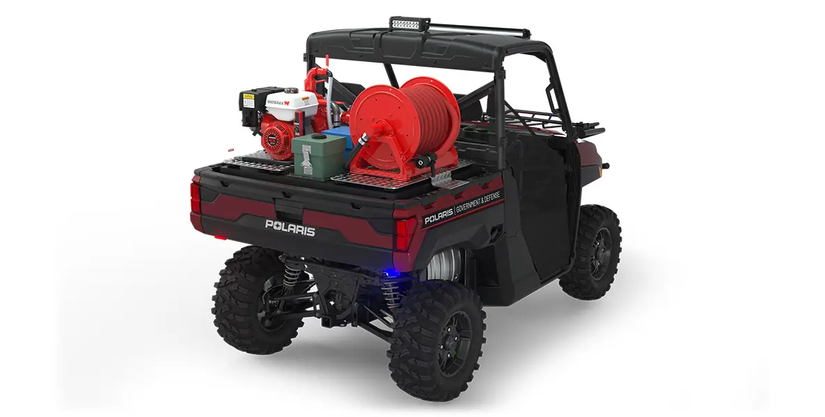 Rear view of the cargo box with firefighting kit on a polaris ranger xp 1000 eps utv with the basic firefighting package installed