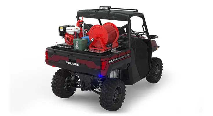 Rear view of the cargo box with firefighting kit on a polaris ranger xp 1000 eps utv with the basic firefighting package installed