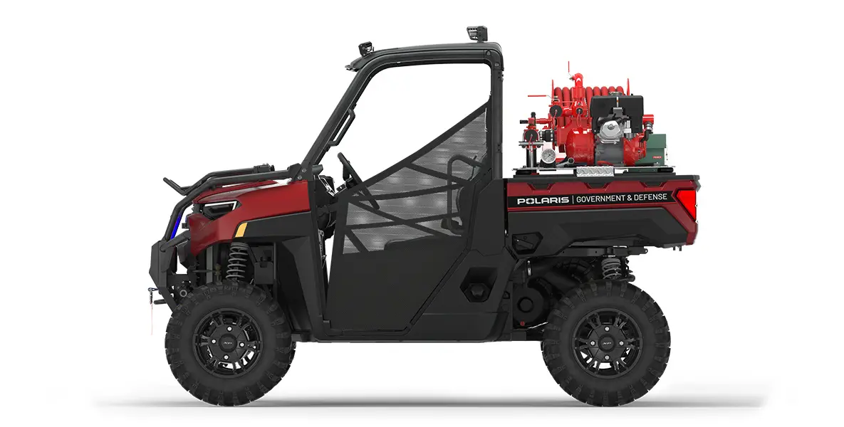 Side view of a polaris ranger xp 1000 eps utv with the basic firefighting package featuring the firefighting kit