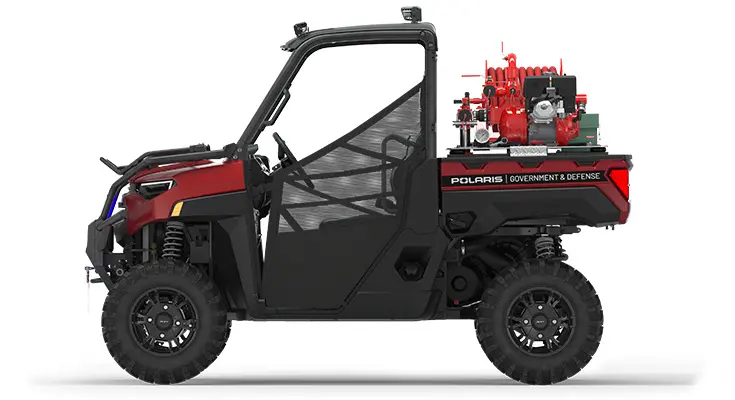 Side view of a polaris ranger xp 1000 eps utv with the basic firefighting package featuring the firefighting kit