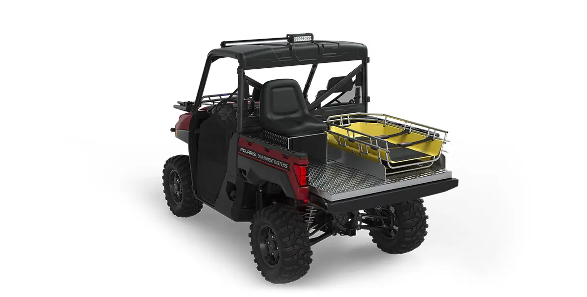 Rear side view of the cargo box with rescue skid and attendant seat on a polaris ranger xp 1000 eps utv with the basic rescue package installed