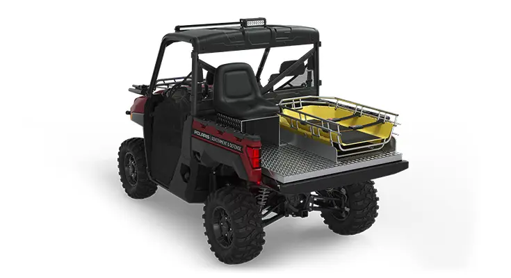 Rear side view of the cargo box with rescue skid and attendant seat on a polaris ranger xp 1000 eps utv with the basic rescue package installed