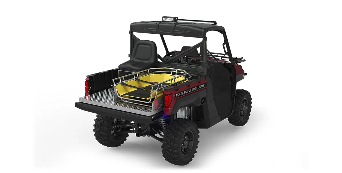 Rear view of the cargo box with rescue skid and attendant seat on a polaris ranger xp 1000 eps utv with the basic rescue package installed
