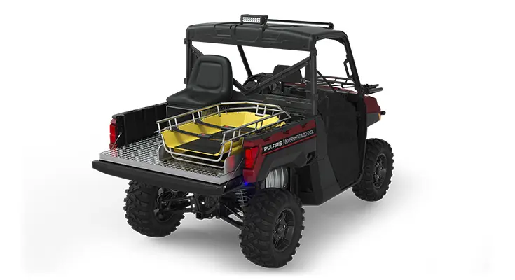 Rear view of the cargo box with rescue skid and attendant seat on a polaris ranger xp 1000 eps utv with the basic rescue package installed