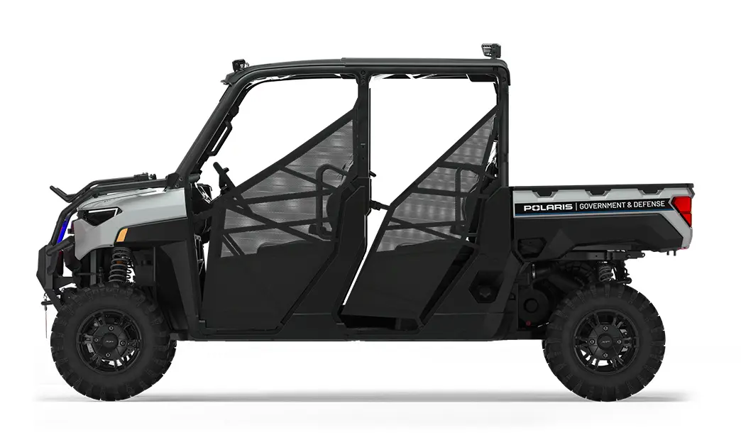 Side view of a polaris ranger crew xp 1000 eps utv with the deluxe patrol package installed