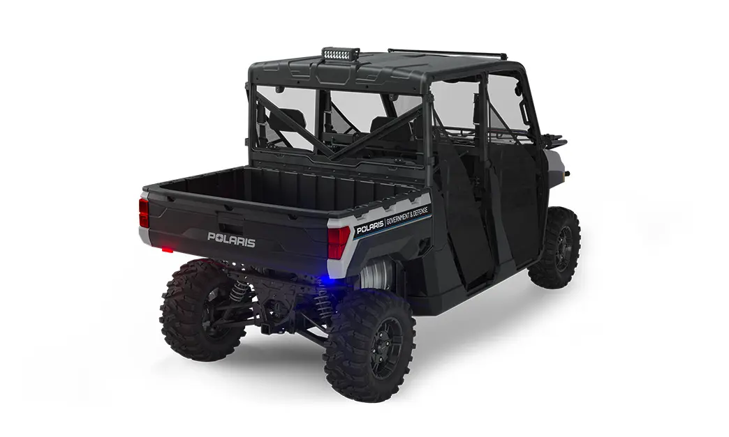 Rear side view of the cargo box area on a polaris ranger crew xp 1000 eps utv with the deluxe patrol package installed