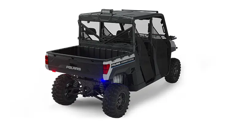 Rear side view of the cargo box area on a polaris ranger crew xp 1000 eps utv with the deluxe patrol package installed