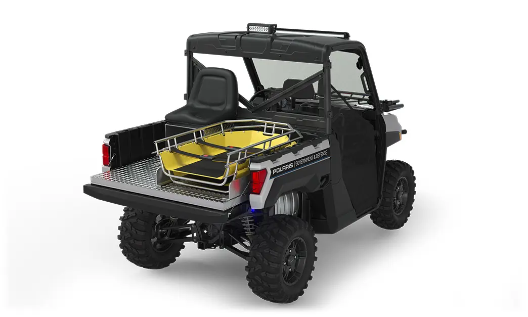 Rear side view of the cargo box with rescue skid and attendant seat on a polaris ranger xp 1000 eps utv with the deluxe rescue & patrol package installed