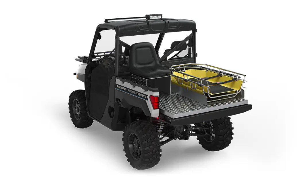 Rear view of the cargo box with rescue skid and attendant seat on a polaris ranger xp 1000 eps utv with the deluxe rescue & patrol package installed