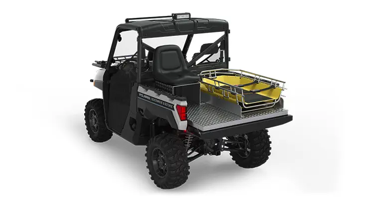 Rear view of the cargo box with rescue skid and attendant seat on a polaris ranger xp 1000 eps utv with the deluxe rescue & patrol package installed