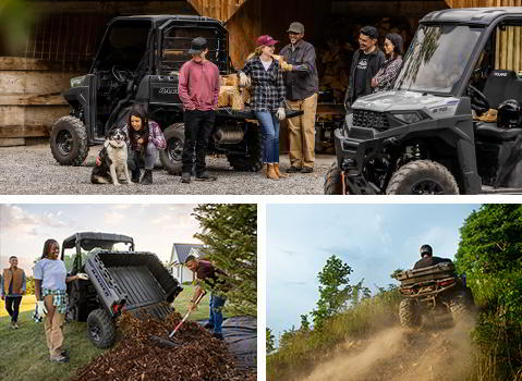 A collage of different persons using Polaris vehicles.