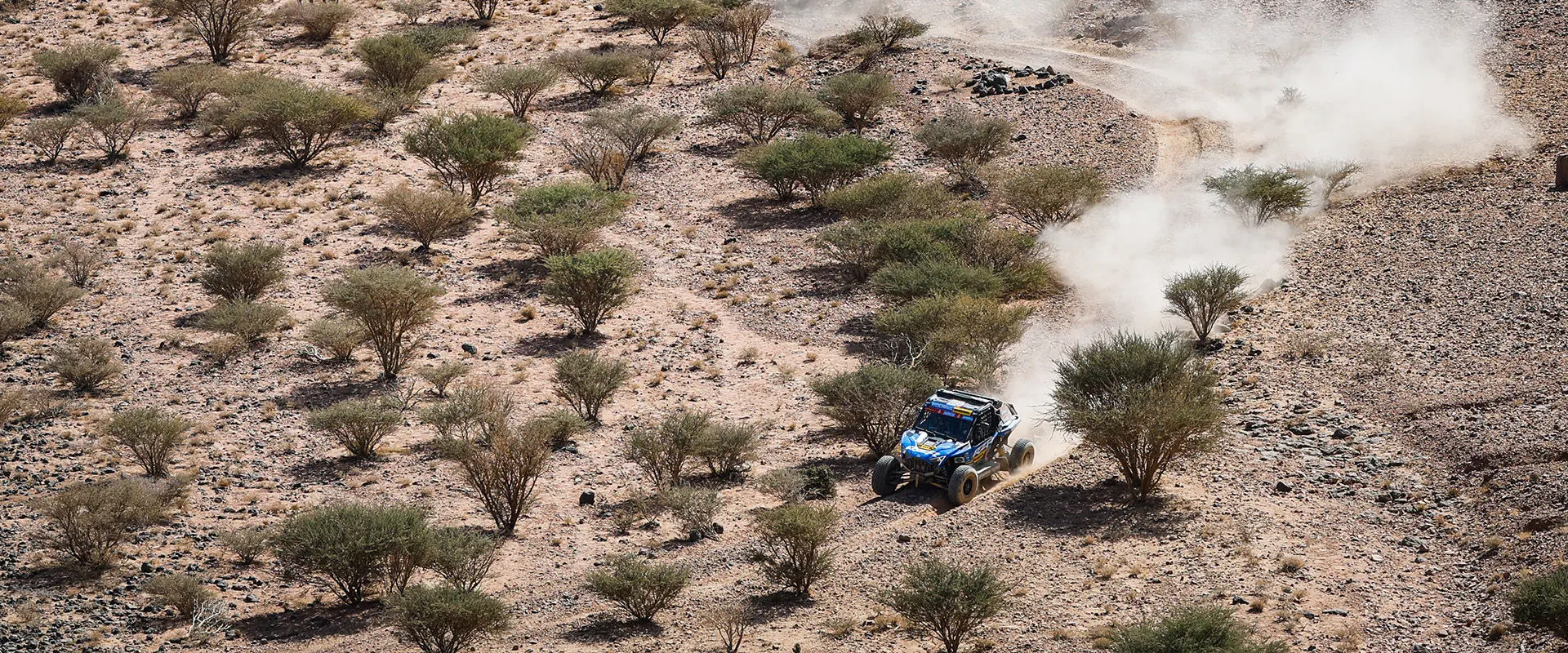 Dakar Rally RZR Pro R Factory driving through rough desert terrain with trees.