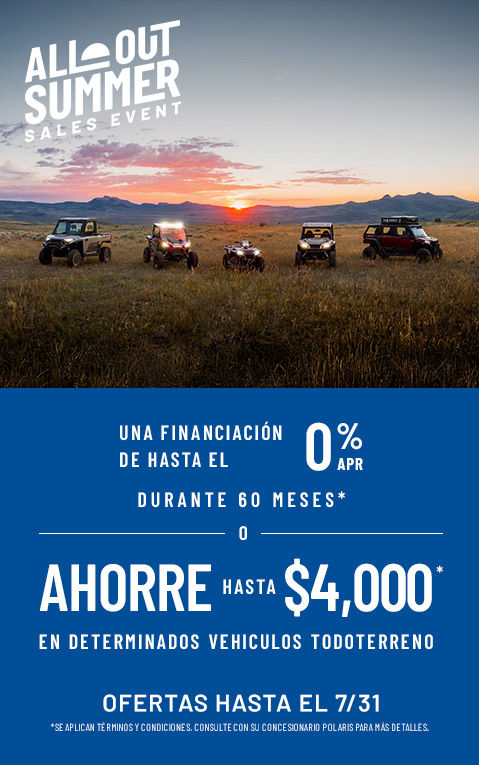 Gran venta de verano en la naturaleza de Polaris Off-Road: hasta $4,000 de descuento* en vehículos Polaris Off-Road específicos. La oferta termina el 30/6.