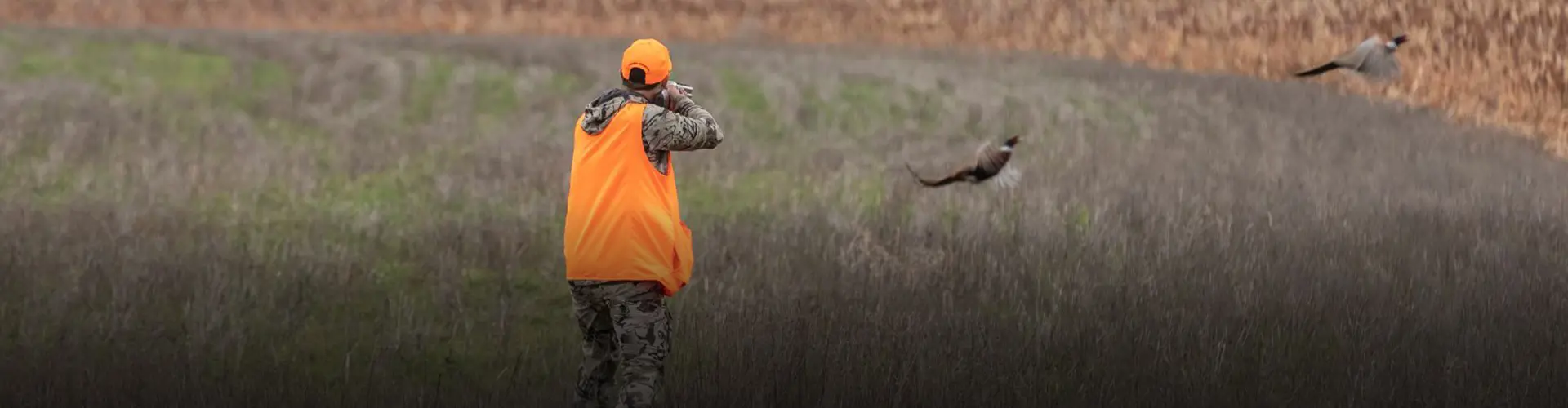 One of Vince Trebilcock's son in blaze-orange hunting gear aiming a shotgun at two pheasants flying over a field during the Polaris Ultimate Hunt Experience.