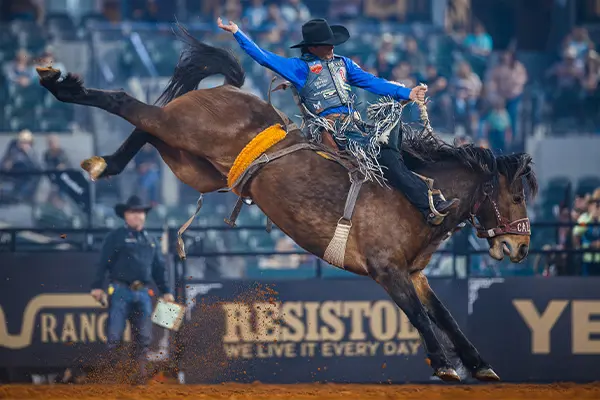 Bronco rider in motion on a bucking horse in a rodeo arena, surrounded by blurred spectators and arena barriers.