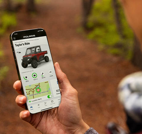 The Polaris RIDE COMMAND mobile app displays Taylor's Ride health stats, including fuel level and location for a RANGER XD 1500 Northstar Ultimate UTV.