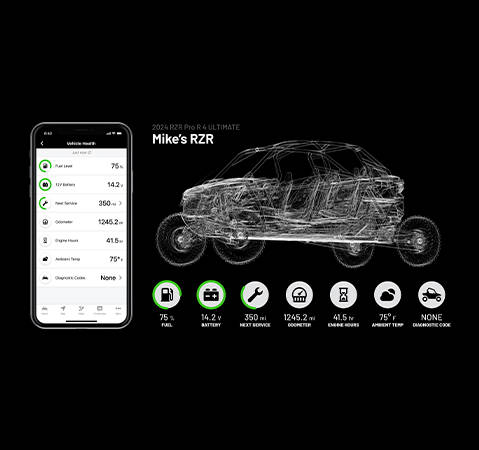 Polaris RIDE COMMAND app showing Mike's RZR vehicle health for a RZR Pro R 4 ULTIMATE CREW SxS, featuring stats for battery, engine hours, and a wireframe graphic.