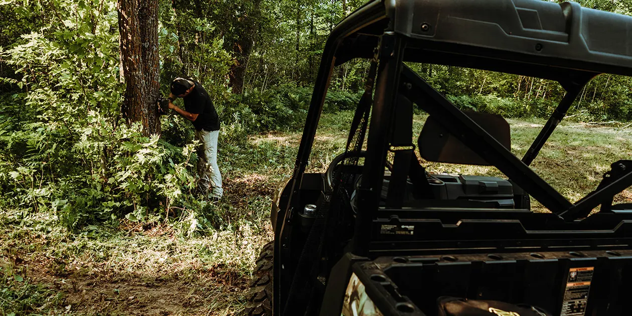 a man setting up a camera on a tree trunk
