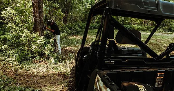 a man setting up a camera on a tree trunk