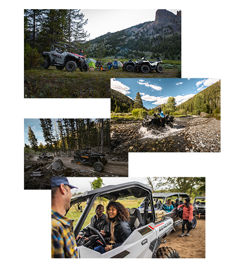 Un collage de vehículos todoterreno recomendados por Polaris para conducir por senderos