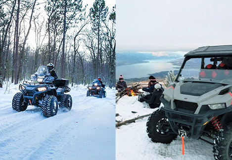 Un collage de véhicules tout-terrain Polaris dans des champs enneigés