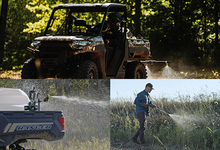 A collection of photos of Ranger vehicles with spraying tanks