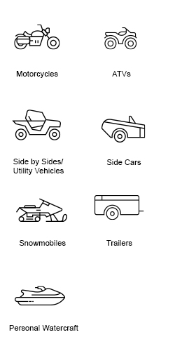 Motorcycles, ATVs, Side by Sides / Utility Vehicles, Side Cars, Snowmobiles, Trailers, Personal Watercraft.