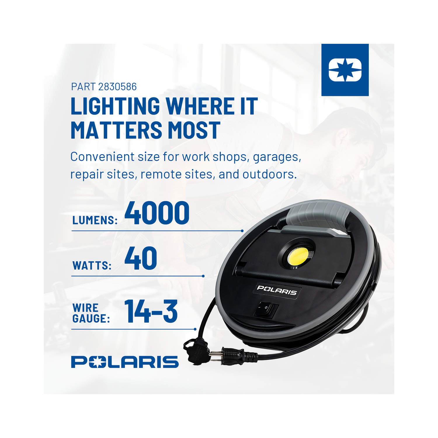 Work Light, Cable 16ft Reel, 14g, 4000 Lumens, Part 2830586