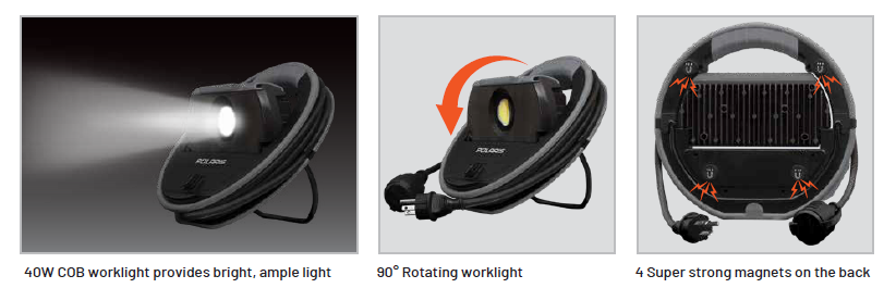 Image showing the front and back side and cable reel swivel in use. Shows magnets on the rear side and also shows the 40W light on.