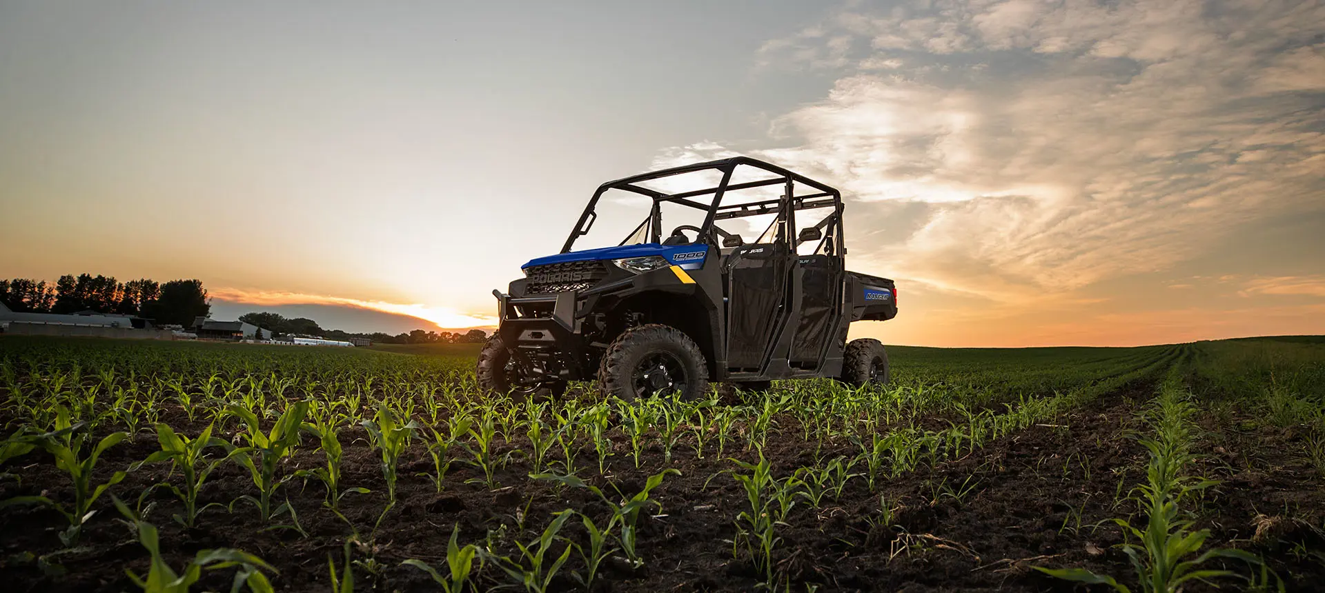 Blue Ranger Crew 1000 parked in a cornfield