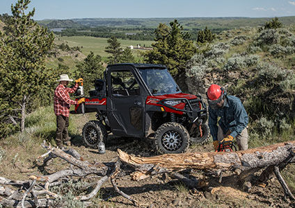 Lumberjacks cutting a tree in front of their Ranger XP 1000