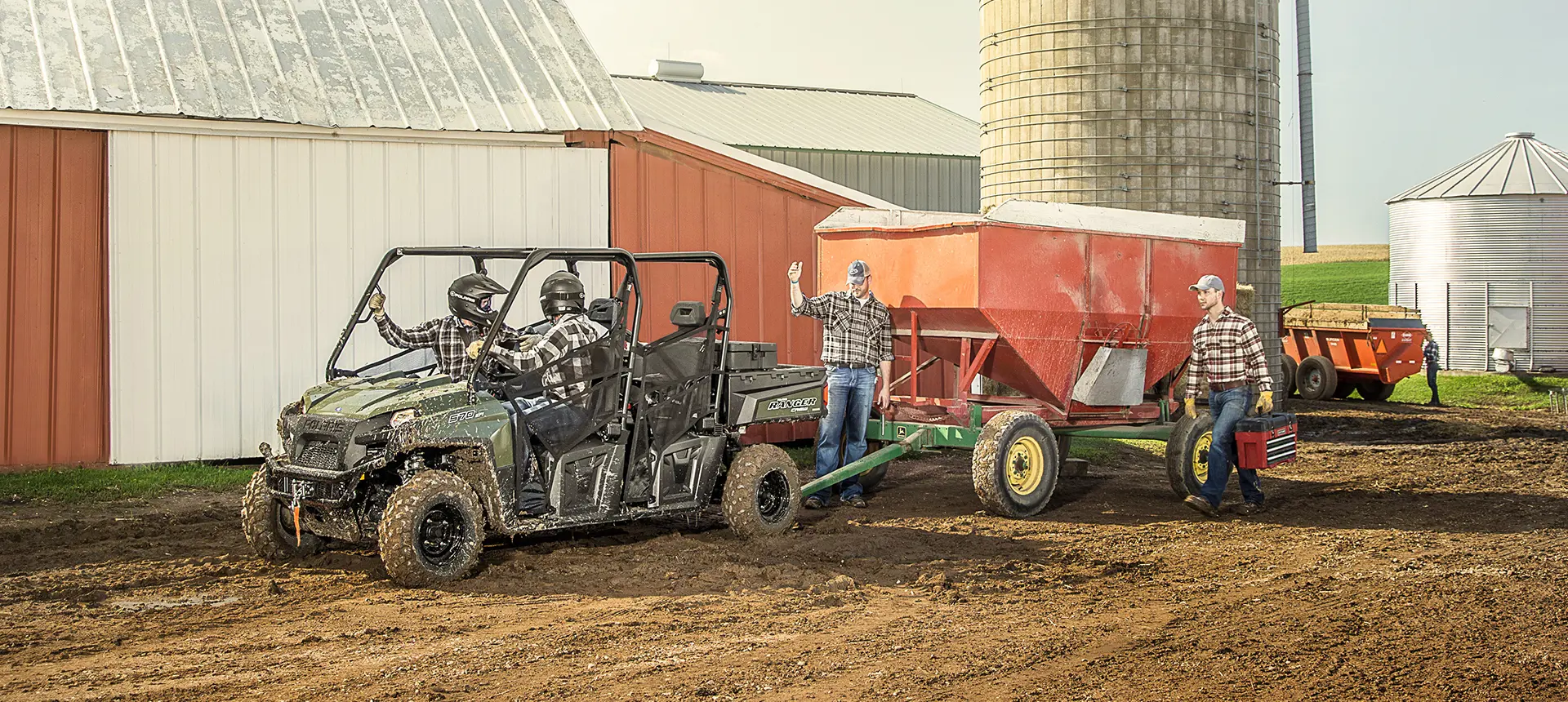 polaris ranger crew 570 full-size in reverse to attach a grain cart