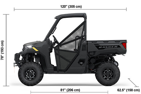 Side view of the Granite Gray 2025 Polaris RANGER 1000 Premium with height, width and length dimensions.