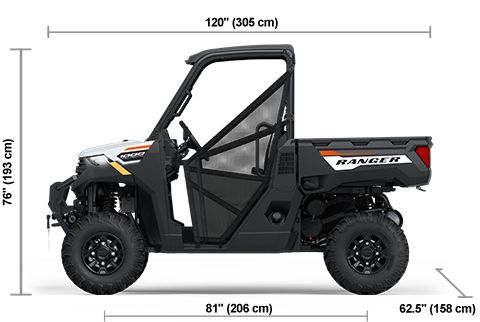 Side view of the White Lightning 2025 Polaris RANGER 1000 Premium with height, width and length dimensions.