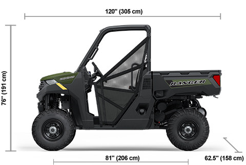 Side view of the Sage Green 2025 Polaris RANGER 1000 with height, width and length dimensions.