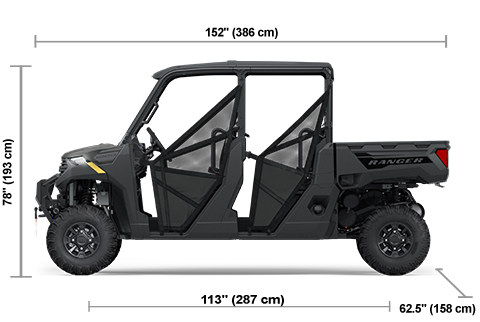 Side view of the Granite Gray 2025 Polaris RANGER CREW 1000 Premium with height, width and length dimensions.