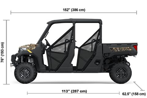 Side view of the Polaris Pursuit Camo 2025 Polaris RANGER CREW 1000 Premium with height, width and length dimensions.