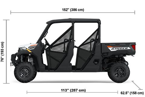 Side view of the White Lightning 2025 Polaris RANGER CREW 1000 Premium with height, width and length dimensions.