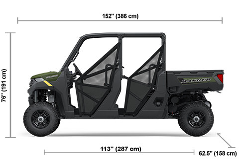 Side view of the Sage Green 2025 Polaris RANGER CREW 1000 with height, width and length dimensions.