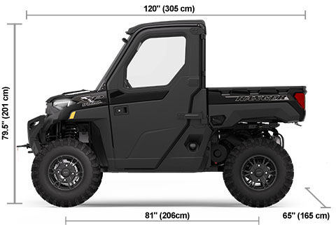 Side view of the Onyx Black 2025 Polaris RANGER XP 1000 NorthStar Edition Premium with Fixed Windshield with height, width and length dimensions.
