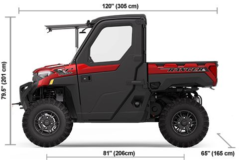 Side view of the Sunset Red 2025 Polaris RANGER XP 1000 NorthStar Edition Ultimate with height, width and length dimensions.