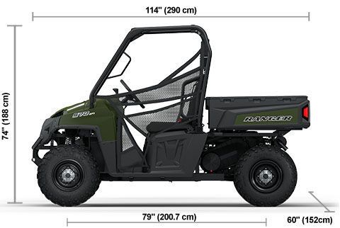 Side view of the Sage Green 2025 Polaris RANGER 570 Full-Size with height, width and length dimensions.