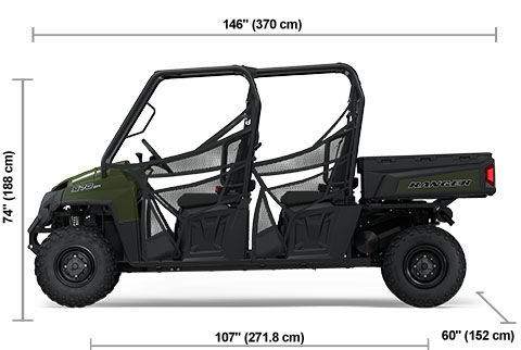 Side view of the Sage Green 2025 Polaris RANGER CREW 570 Full-Size with height, width and length dimensions.