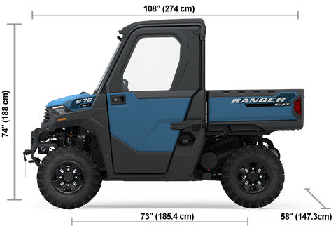 Side view of the Zenith Blue 2025 Polaris RANGER SP 570 NorthStar Edition with height, width and length dimensions.