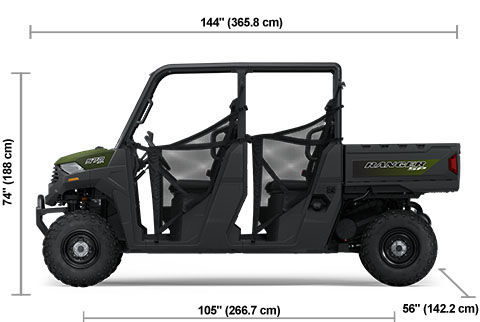 Side view of the Sage Green 2025 Polaris RANGER CREW SP 570 with height, width and length dimensions.
