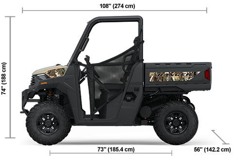 Side view of the Sand Dune with Polaris Pursuit Camo Accents 2025 Polaris RANGER SP 570 Premium with height, width and length dimensions.