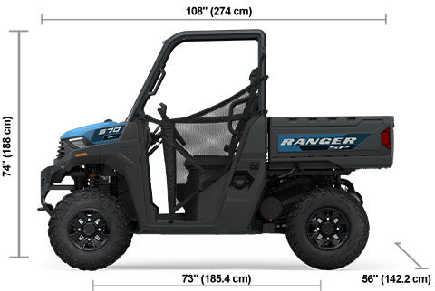 Side view of the Zenith Blue 2025 Polaris RANGER SP 570 Premium with height, width and length dimensions.