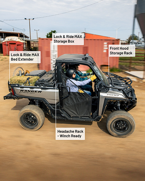 Lock & Ride MAX bed extender, Lock & Ride MAX storage box, Front hood storage rack, and Winch ready headache rack accessories from the Farm Package installed on a 2025 Polaris RANGER XD 1500 extreme duty UTV.