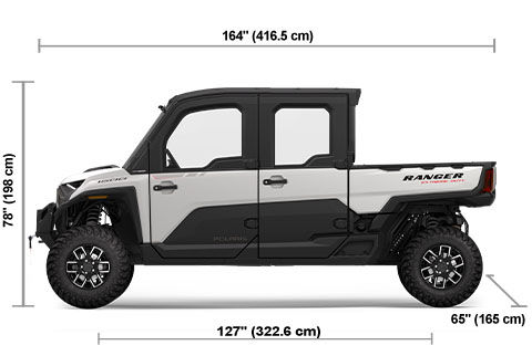 Vue latérale du Polaris RANGER CREW XD 1500 NorthStar Edition Ultimate 2025 Ghost White avec les dimensions de hauteur, de largeur et de longueur.
